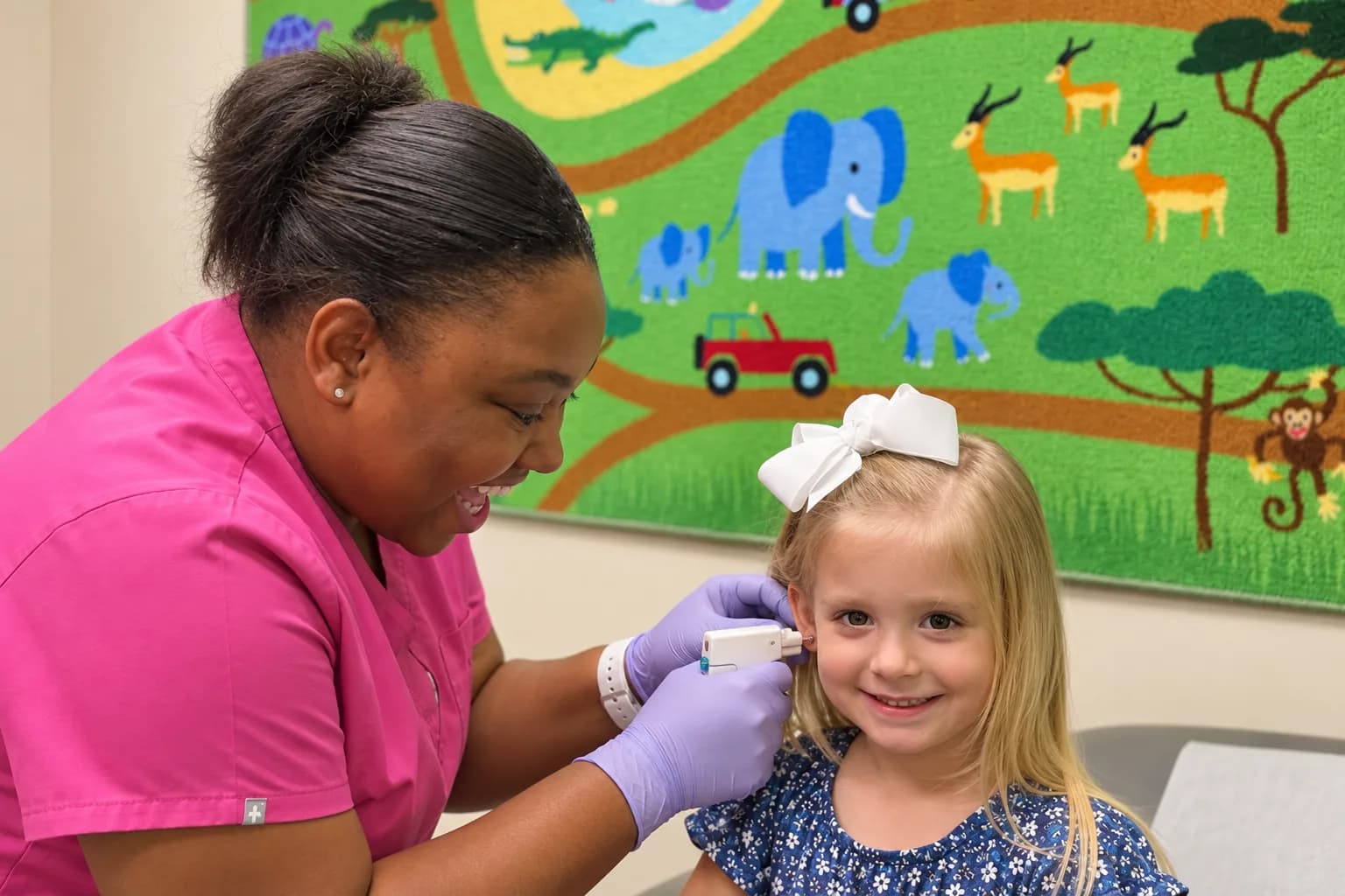 Nurse gently checking a young girl's ear