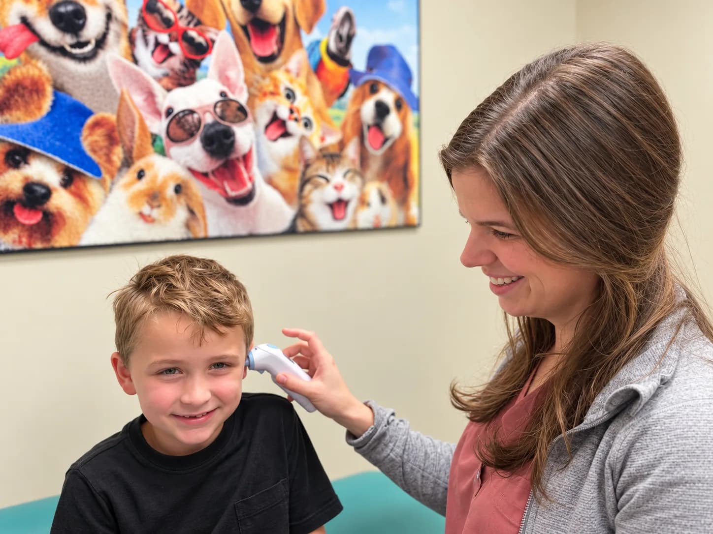 Nurse checking a boy's temperature during a sick visit