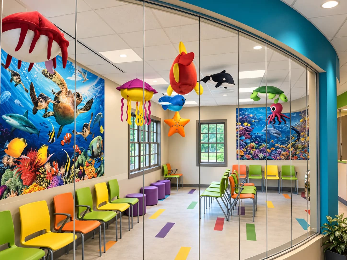 Colorful ocean-themed waiting room at Tuscaloosa Pediatrics